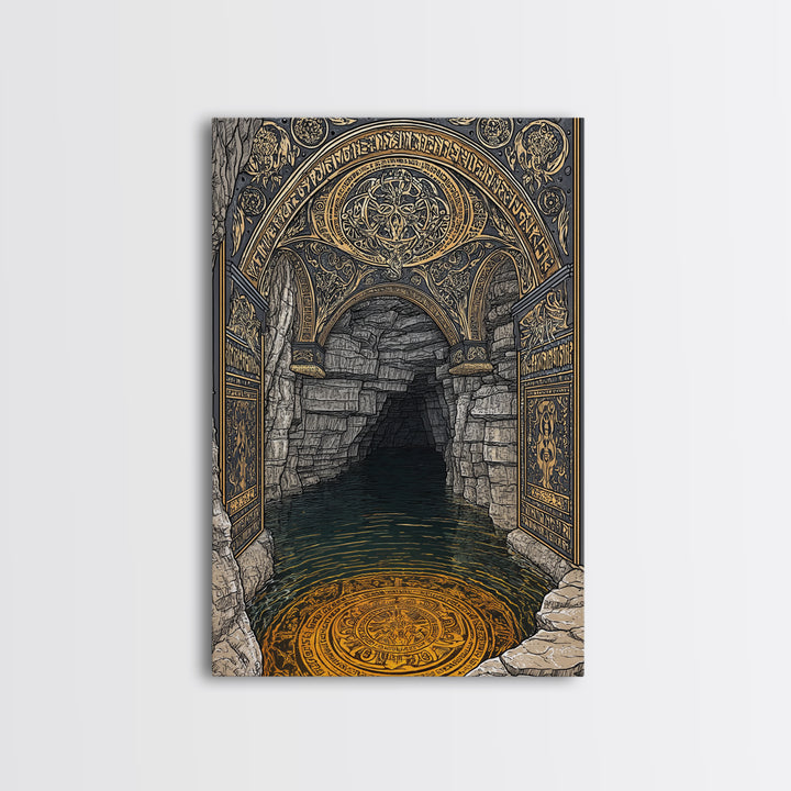 Golden Cave Entrance Canvas Gold Canvas Print, Mythology Inspired Wall Art, Real Wood Frame Ancient Greece Decor