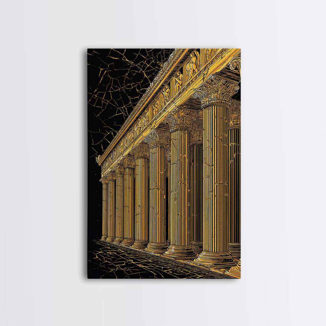 Ancient Parthenon Columns Canvas Gold Art, Classical Ruins Wall Decor, Real Wood Frame Canvas Print Decor