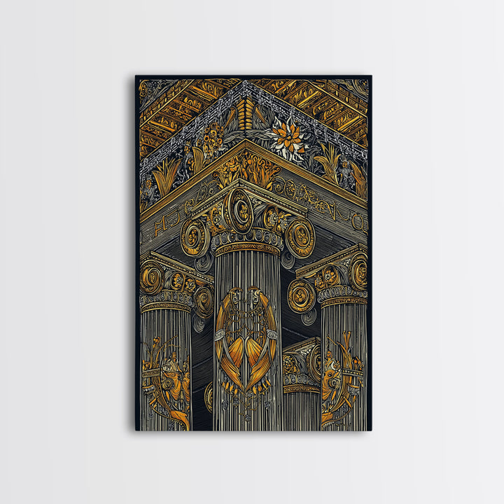 Ancient Greek Column Detail, Classical Architecture, Canvas Gold Canvas Print, Real Wood Frame Wall Art