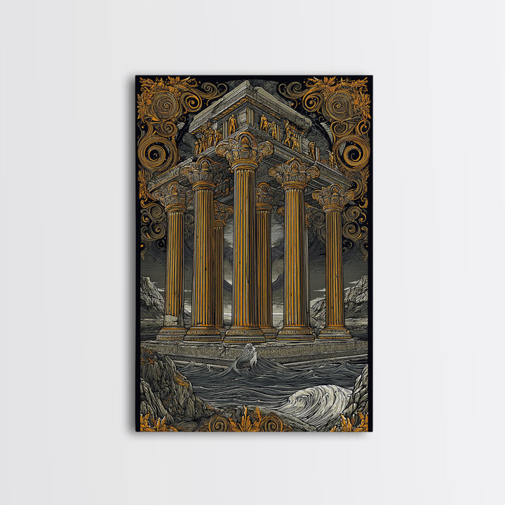Temple Of The Gods, Mythological Architecture, Canvas Gold Canvas Print, Real Wood Frame Wall Art