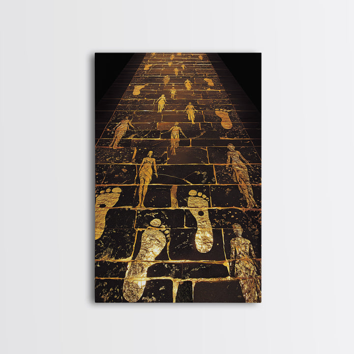 Golden Pathway Of Eternity, Mythic Footsteps, Canvas Gold Canvas Print, Real Wood Frame Wall Art