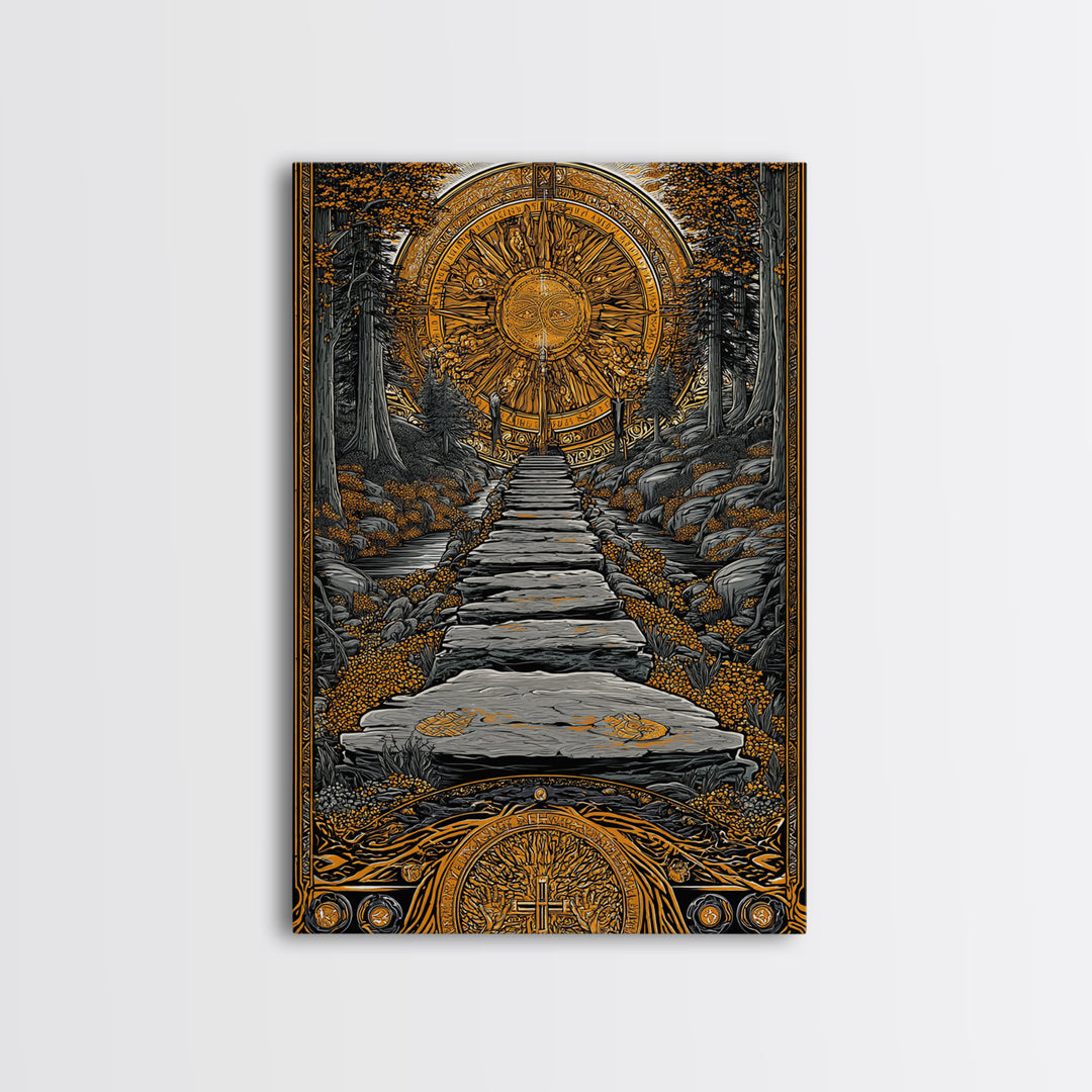 Celestial Gate, Mystical Sun Mandala, Path Of Light, Canvas Gold Canvas Print, Real Wood Frame Wall Art