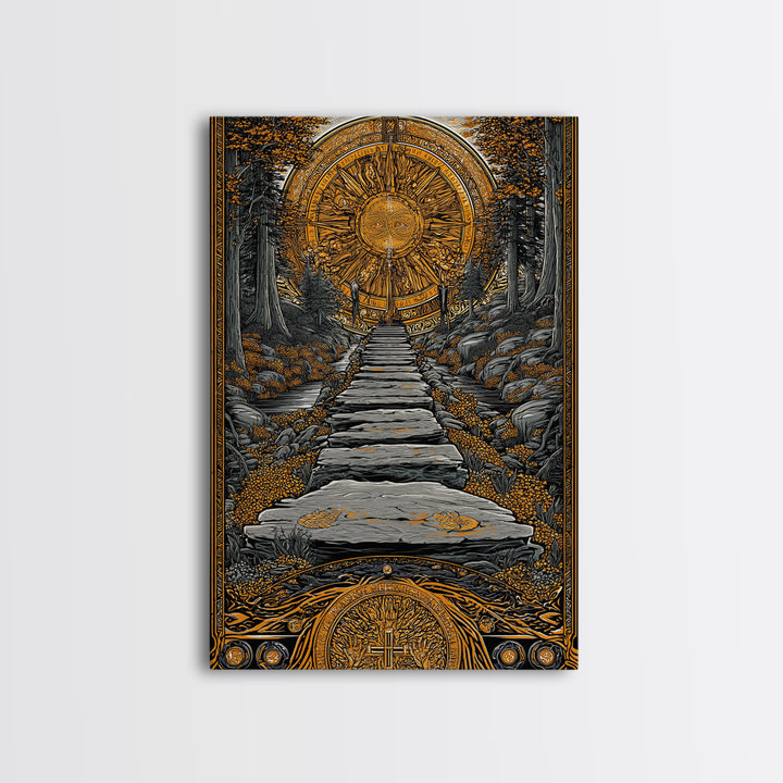 Celestial Gate, Mystical Sun Mandala, Path Of Light, Canvas Gold Canvas Print, Real Wood Frame Wall Art