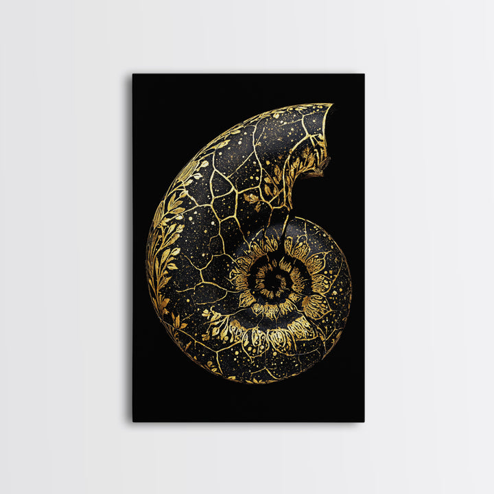 Golden Nautilus Fossil, Nature Inspired Abstract, Canvas Gold Canvas Print, Real Wood Frame Wall Art