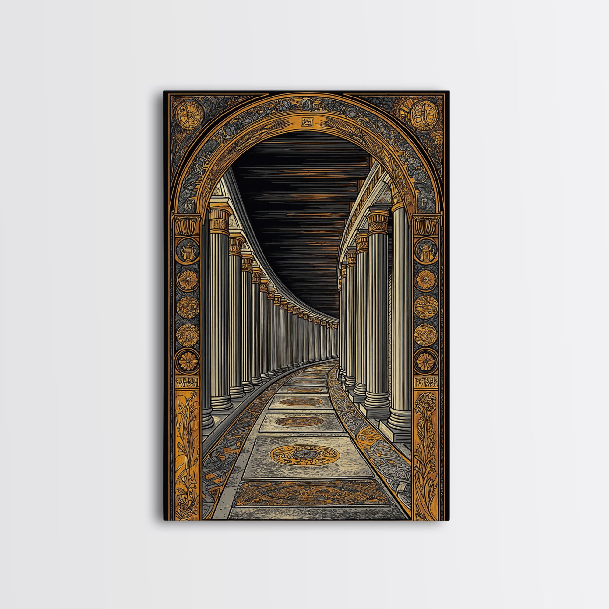 Endless Colonnade, Ancient Architecture Corridor, Canvas Gold Canvas P ...