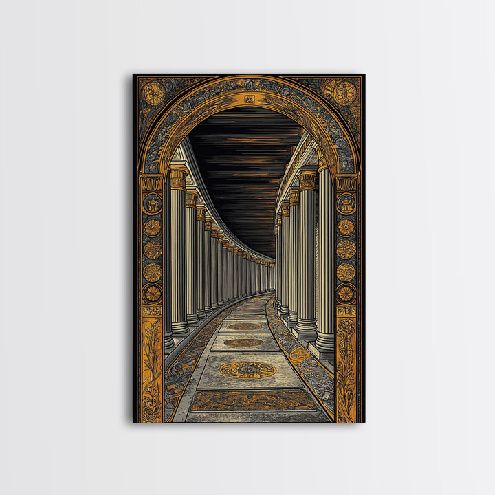Endless Colonnade, Ancient Architecture Corridor, Canvas Gold Canvas Print, Real Wood Frame Wall Art