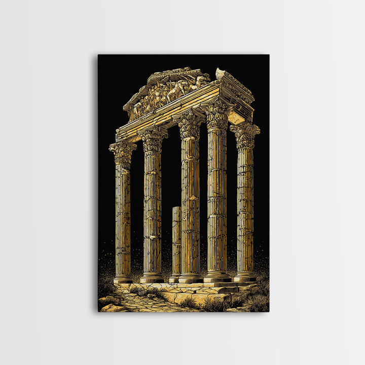 Greek Temple Ruins, Timeless Classical Columns, Canvas Gold Canvas Print, Real Wood Frame Wall Art