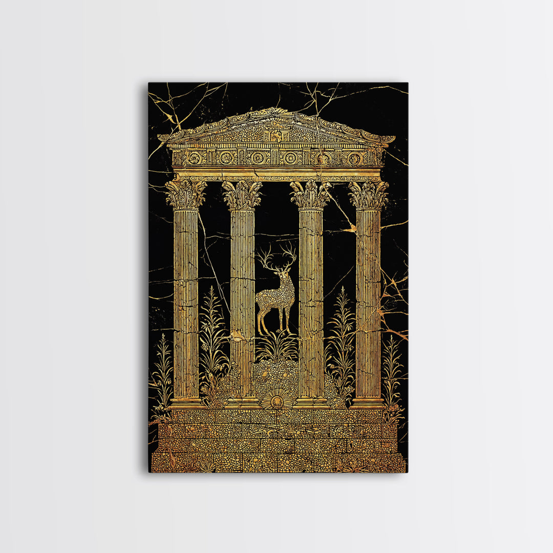 Stag At The Temple, Mythic Nature Scene, Canvas Gold Canvas Print, Real Wood Frame Wall Art