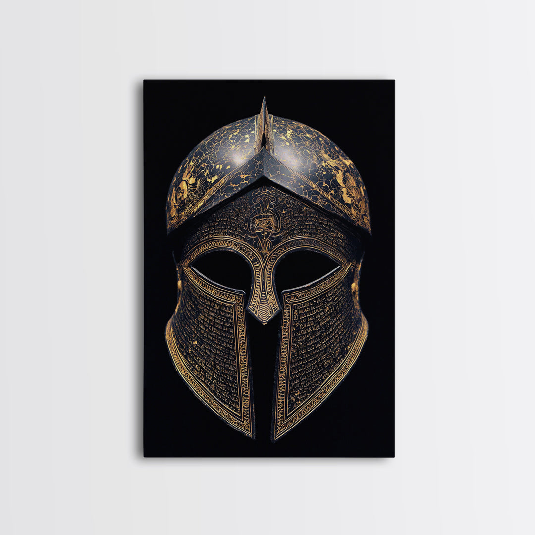 Ancient Greek Helmet with Cracked Texture and Text – Canvas Gold Art, Real Wood Frame Canvas Art, Historical Spartan Wall Decor