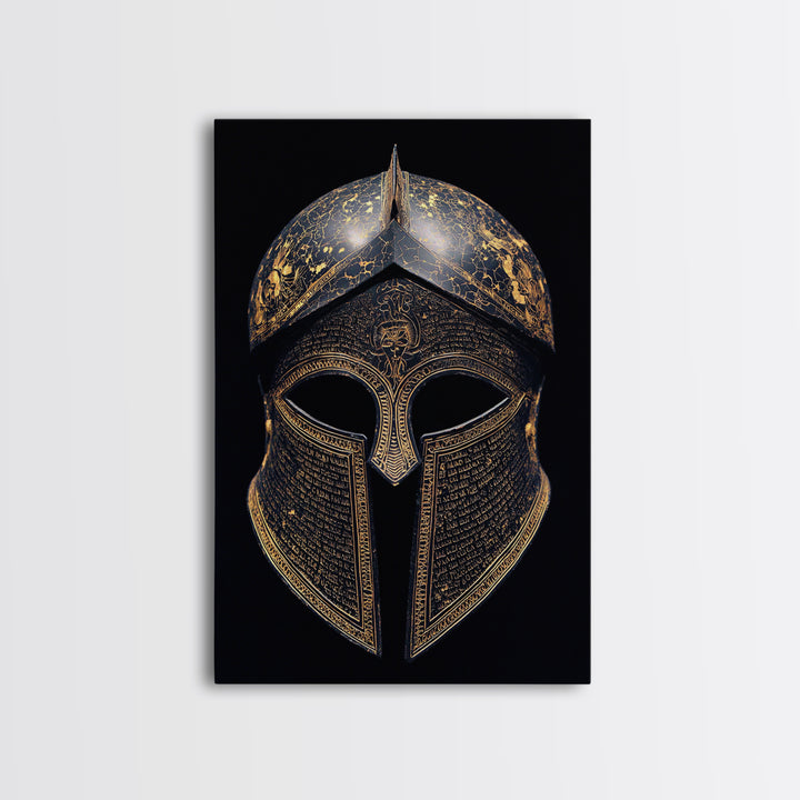 Ancient Greek Helmet with Cracked Texture and Text – Canvas Gold Art, Real Wood Frame Canvas Art, Historical Spartan Wall Decor