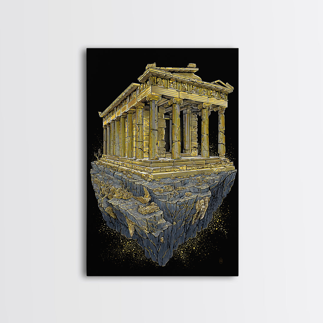 Floating Ancient Temple, Surreal Greek Ruins, Canvas Gold Canvas Print, Real Wood Frame Wall Art
