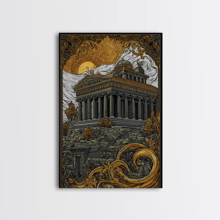 Greek Temple At Sunset, Ancient Architecture Wall Art, Canvas Gold Canvas Print, Mythology Home Decor, Wood Frame