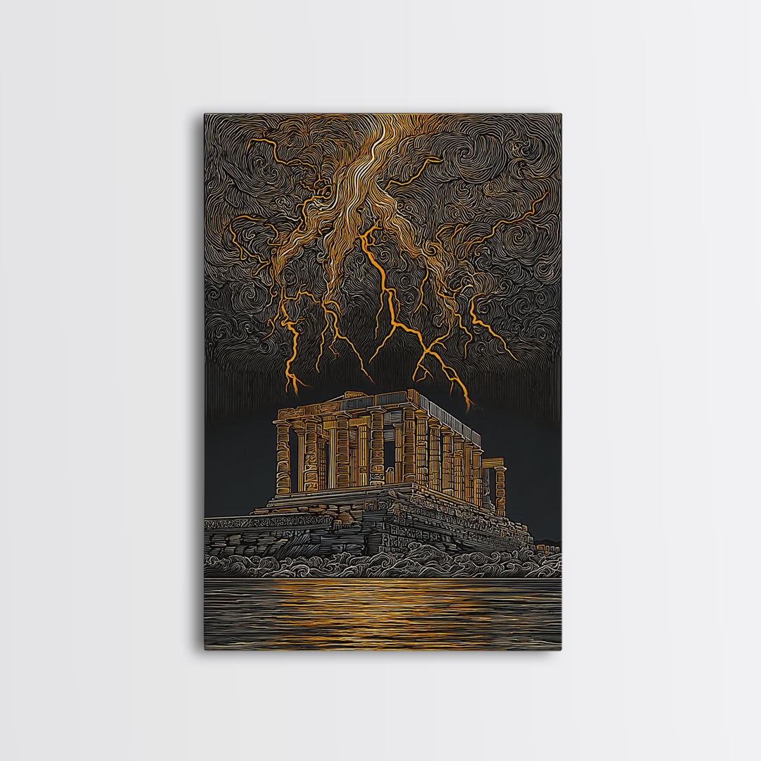 Parthenon With Lightning Storm, Dramatic Greek Myth Wall Art, Canvas Gold Canvas Print, Ancient Decor, Wood Frame