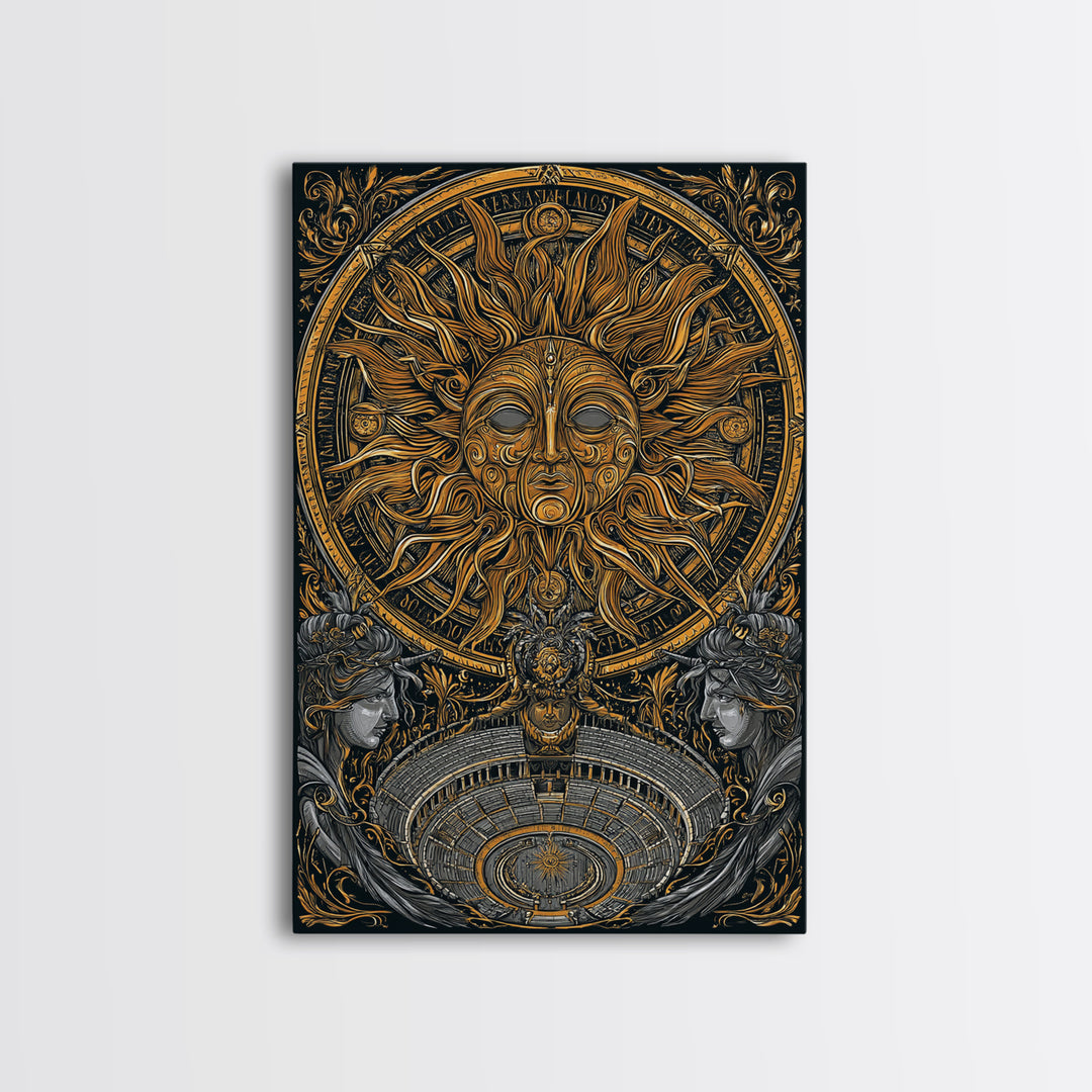 Sun God Face With Theater, Greek Mythology Wall Art, Canvas Gold Art, Dramatic Canvas Print, Celestial Decor, Wood Frame