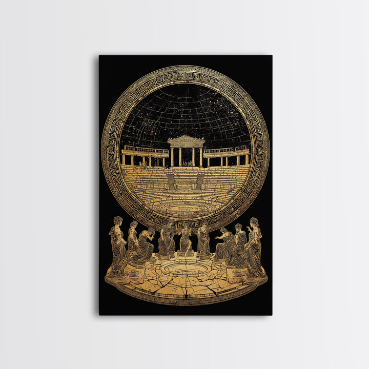 Greek Amphitheater With Muses, Ancient Mythology Wall Decor, Canvas Gold Canvas Print, Classical Art, Wood Frame