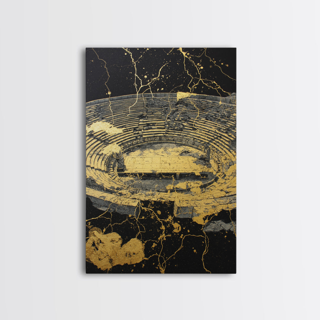 Ancient Theater Abstract, Splattered Canvas Gold Canvas Print, Greek Myth Wall Art, Dramatic Decor, Wood Frame