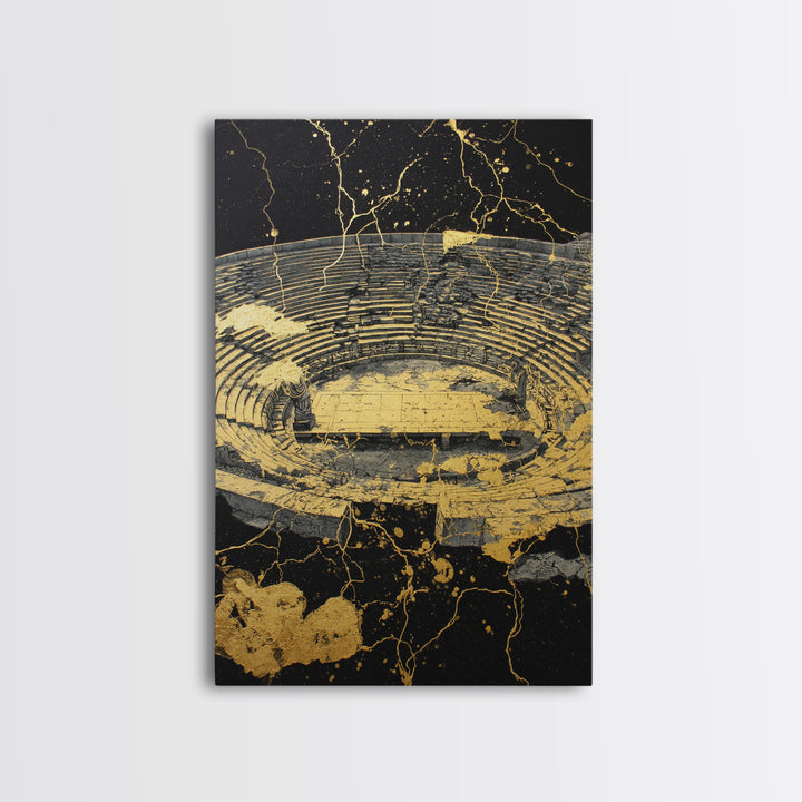 Ancient Theater Abstract, Splattered Canvas Gold Canvas Print, Greek Myth Wall Art, Dramatic Decor, Wood Frame