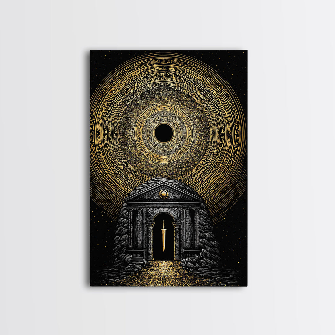 Sword Temple Cosmic Design, Mythology Wall Art, Canvas Gold Canvas Print, Fantasy Decor, Ancient Architecture, Wood Frame
