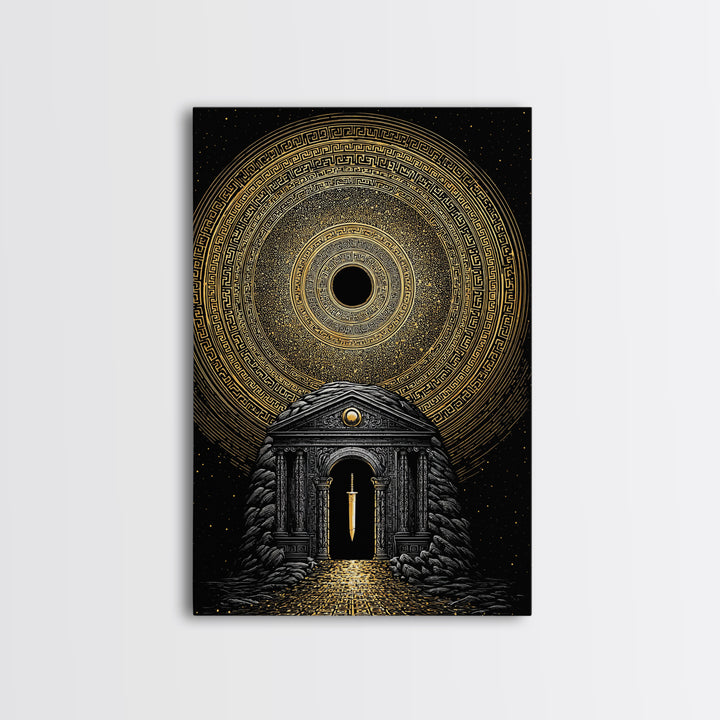 Sword Temple Cosmic Design, Mythology Wall Art, Canvas Gold Canvas Print, Fantasy Decor, Ancient Architecture, Wood Frame