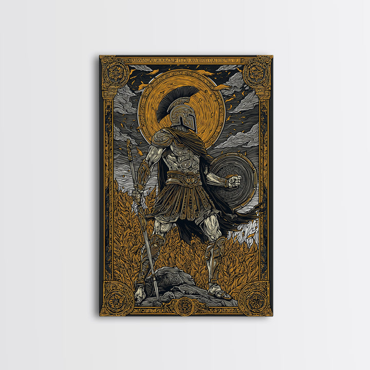Greek Warrior With Shield, Ancient Mythology Wall Art, Canvas Gold Canvas Print, Heroic Decor, Dramatic Design, Wood Frame