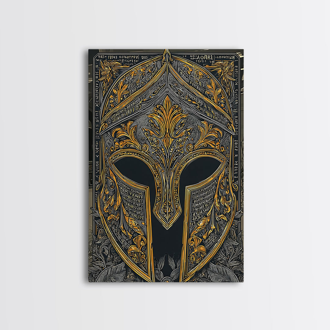 Floral Greco-Roman Helmet with Scripted Detail – Canvas Gold Art, Real Wood Framed Canvas Art, Ornate Classical Warrior Print