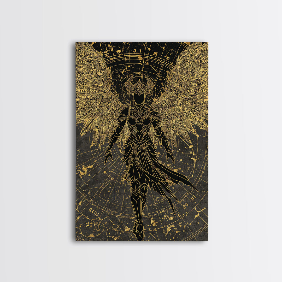Celestial Angel Warrior, Astral Mythology Wall Art, Canvas Gold Canvas Print, Fantasy Decor, Cosmic Figure, Wood Frame