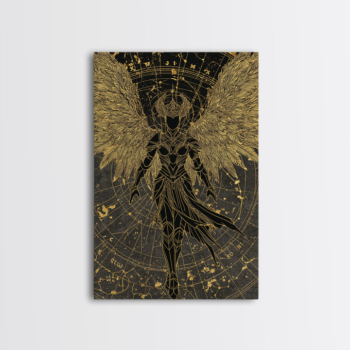 Celestial Angel Warrior, Astral Mythology Wall Art, Canvas Gold Canvas Print, Fantasy Decor, Cosmic Figure, Wood Frame