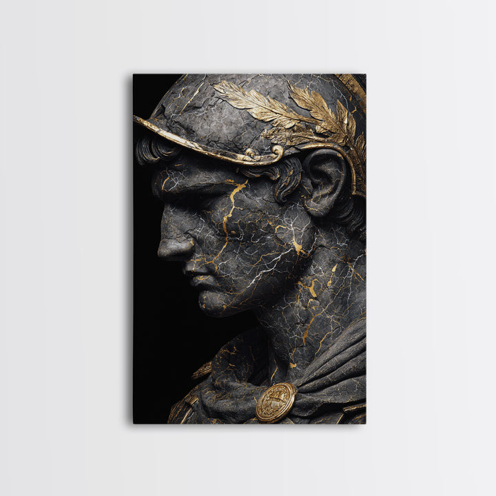 Roman Bust Statue, Classical Sculpture Wall Art, Canvas Gold Canvas Print, Ancient Decor, Regal Design, Wood Frame