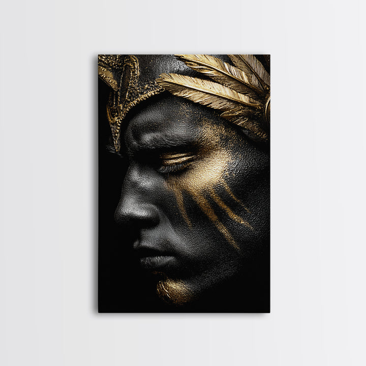 Ancient Warrior Portrait, Canvas Gold Canvas Print, Mythology Wall Art, Real Wood Framed Decor, Luxury Spartan Artwork