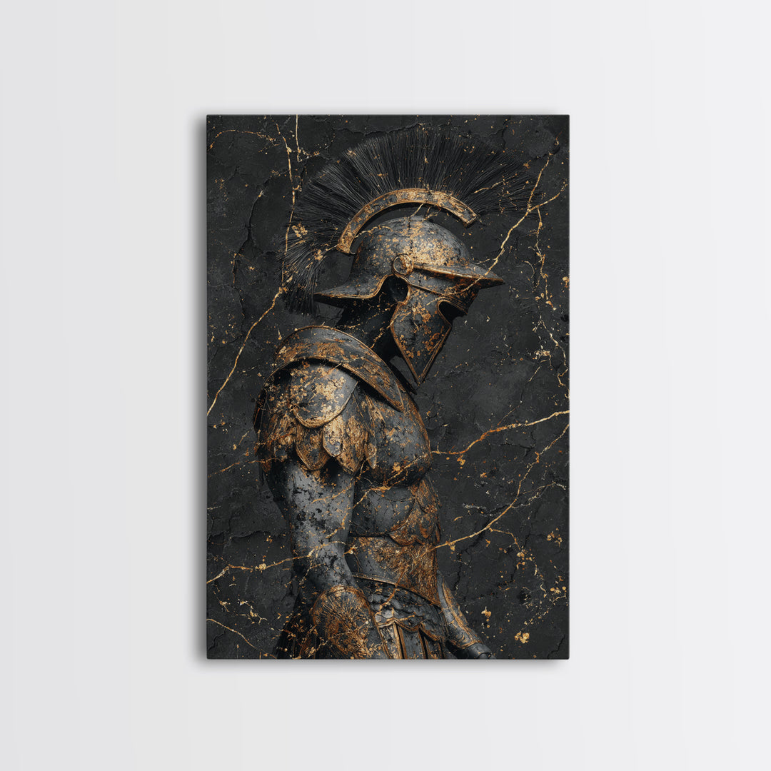 Roman Soldier Statue, Canvas Gold Canvas Print, Ancient Warrior Wall Art, Real Wood Frame, Luxury Mythology Home Decor