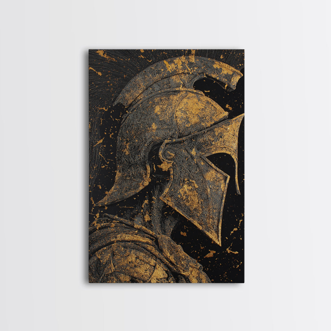 Greek Warrior Helmet, Canvas Gold Art, Ancient Soldier Wall Print, Mythology Decor, Real Wood Framed Canvas Artwork