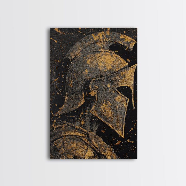 Greek Warrior Helmet, Canvas Gold Art, Ancient Soldier Wall Print, Mythology Decor, Real Wood Framed Canvas Artwork