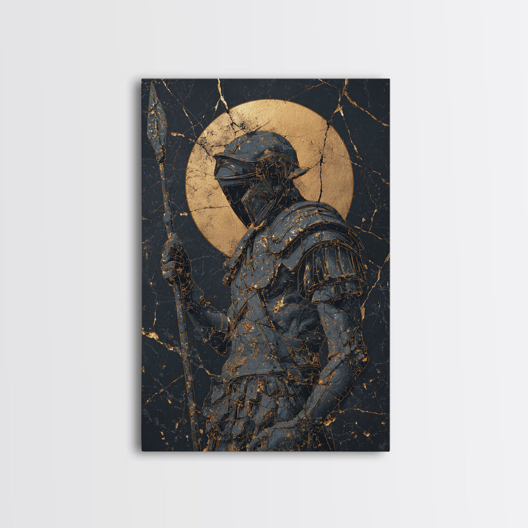 Spartan Warrior With Spear, Canvas Gold Canvas Print, Ancient Soldier Wall Art, Real Wood Frame Decor, Luxury Mythology