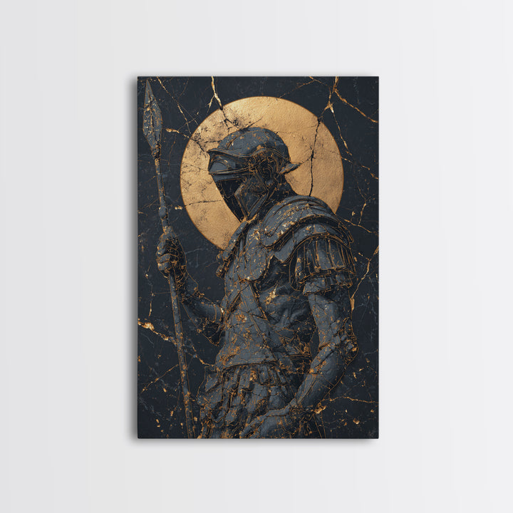 Spartan Warrior With Spear, Canvas Gold Canvas Print, Ancient Soldier Wall Art, Real Wood Frame Decor, Luxury Mythology