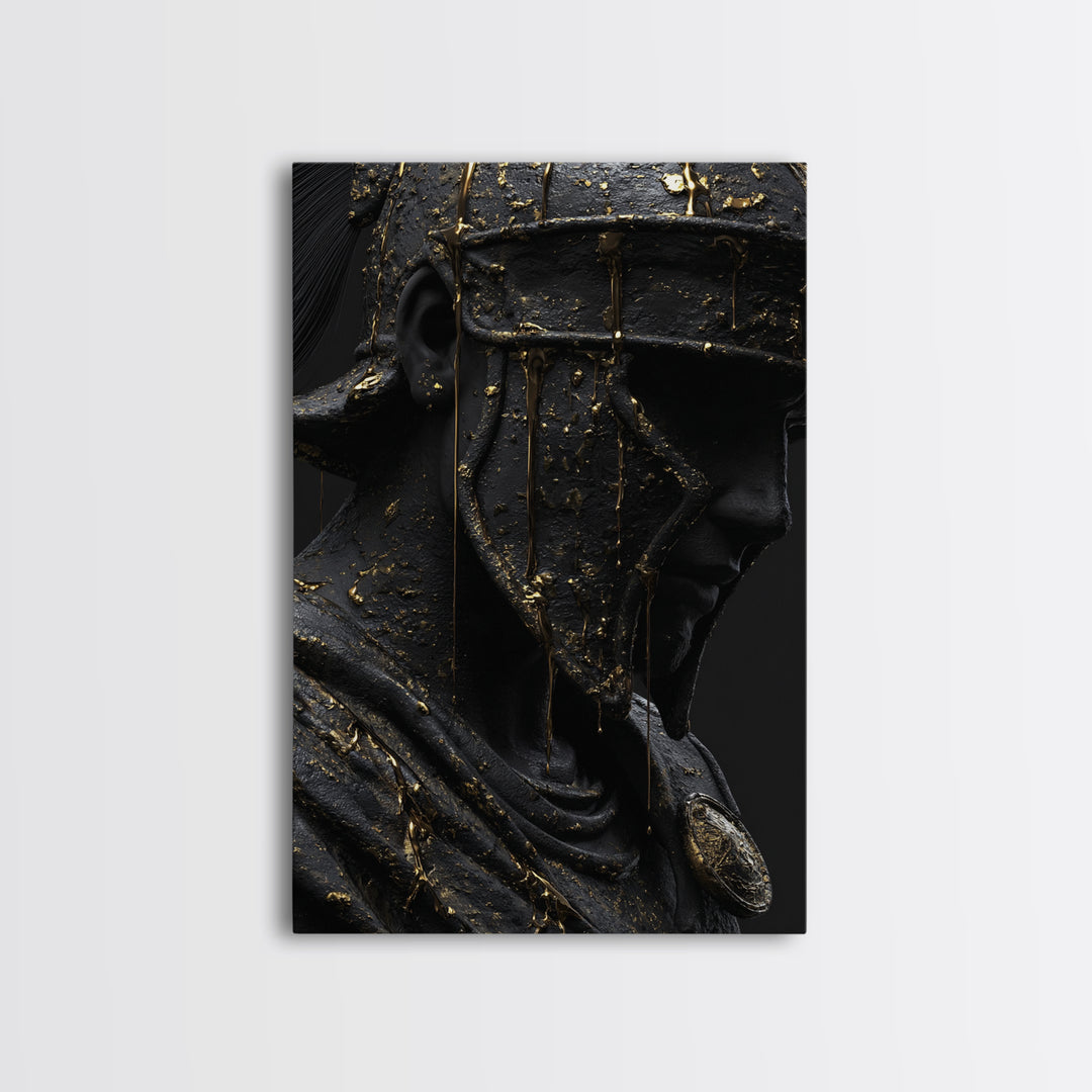 Spartan Warrior Bust, Canvas Gold Art, Ancient Helmet Canvas Print, Real Wood Frame Wall Decor, Luxury Mythology Artwork