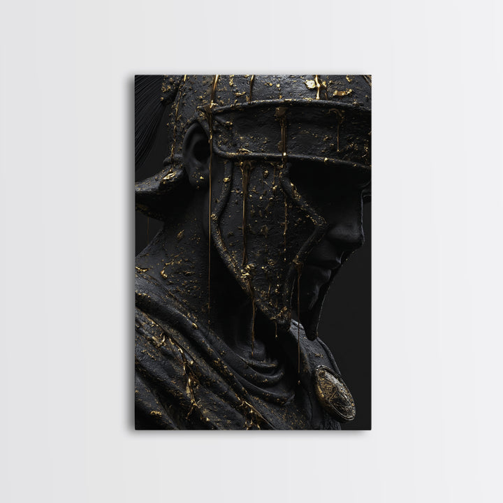 Spartan Warrior Bust, Canvas Gold Art, Ancient Helmet Canvas Print, Real Wood Frame Wall Decor, Luxury Mythology Artwork