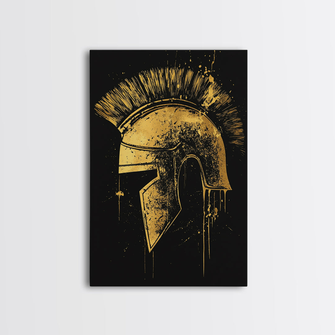 Spartan Helmet Illustration, Canvas Gold Canvas Print, Ancient Warrior Wall Art, Real Wood Framed Mythology Decor