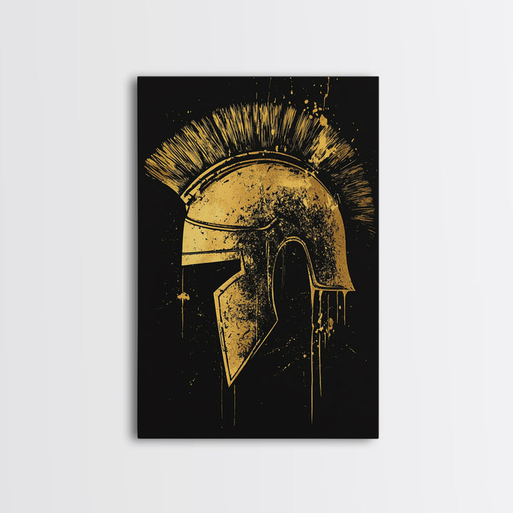 Spartan Helmet Illustration, Canvas Gold Canvas Print, Ancient Warrior Wall Art, Real Wood Framed Mythology Decor