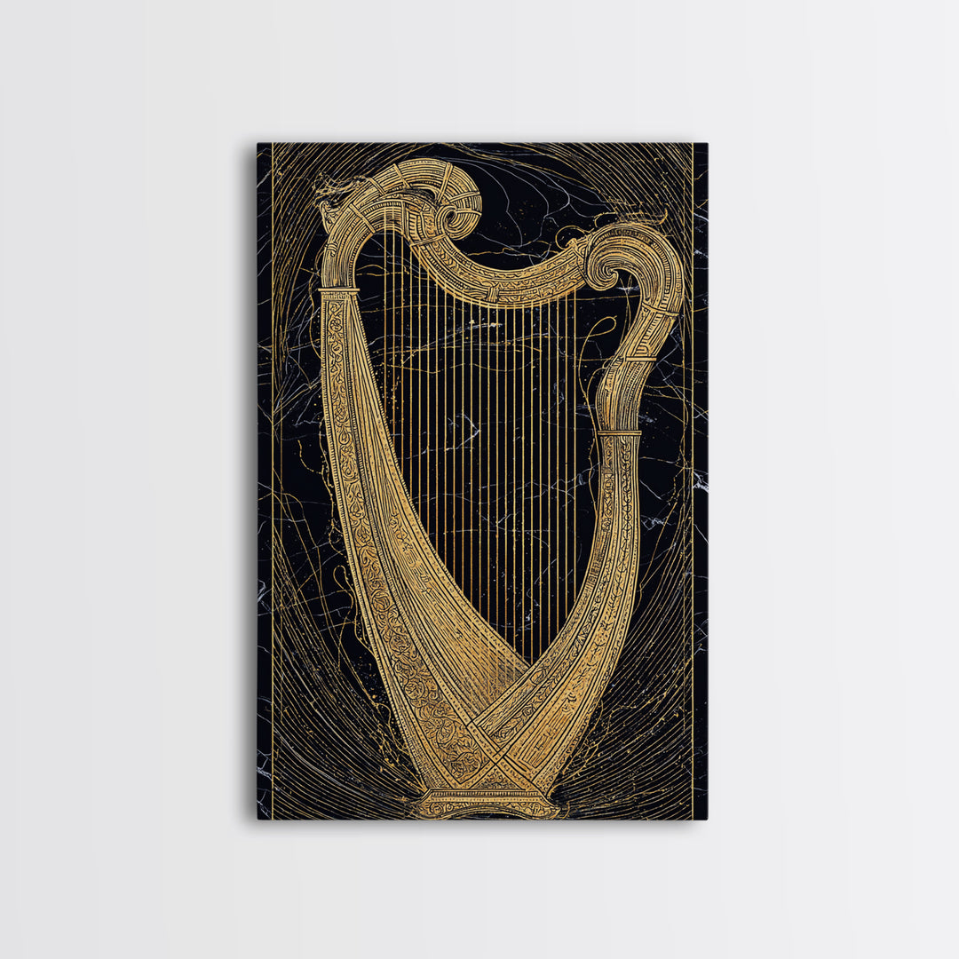 Golden Harp on Marble with Ornamental Lines – Canvas Gold Art, Canvas Art in Real Wood Frame, Classical Music Instrument Decor
