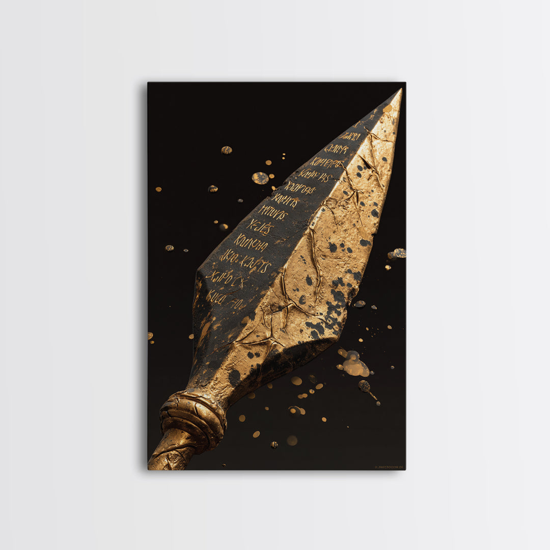 Inscribed Greek Spearhead in Motion Splash – Canvas Gold Art, Warrior Weapon Real Wood Framed Canvas Art, Spartan Weapon Decor