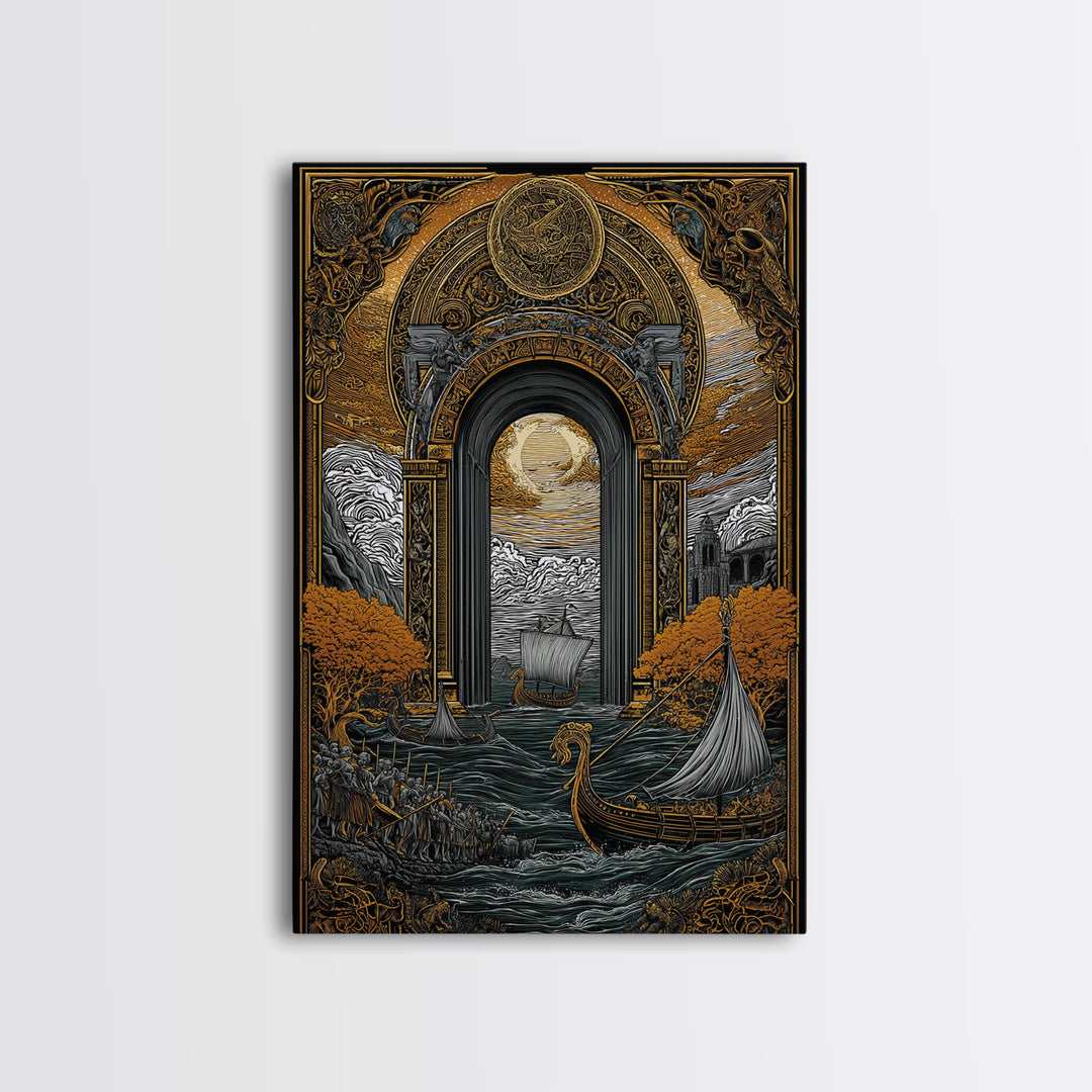 Viking Longships Through Mythic Gate – Canvas Gold Art, Epic Seafaring Canvas Art in Real Wood Frame, Norse Voyage Wall Print