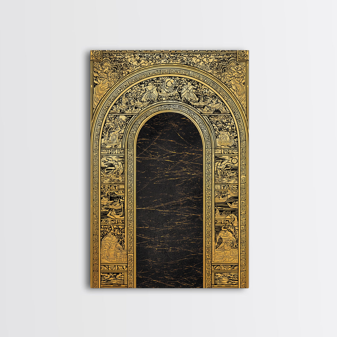 Ancient Greek Archway with Myth Scenes – Canvas Gold Art, Classical Panel Canvas Art with Real Wood Frame, Temple Wall Decor