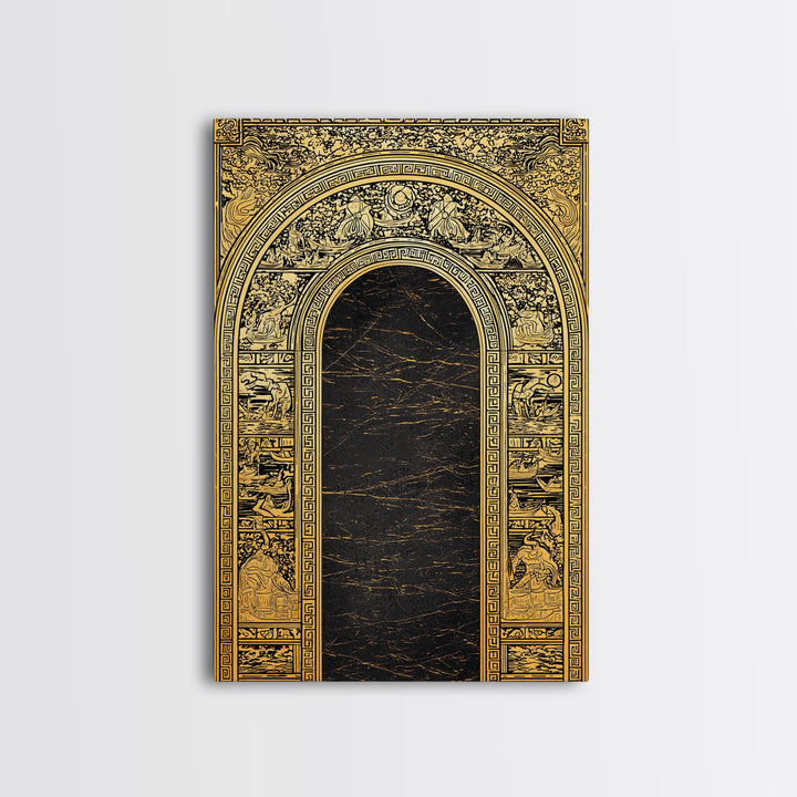 Ancient Greek Archway with Myth Scenes – Canvas Gold Art, Classical Panel Canvas Art with Real Wood Frame, Temple Wall Decor