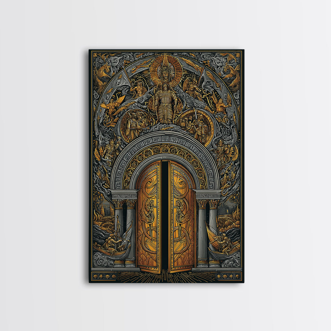 Byzantine Portal of Angels and Kings – Canvas Gold Art, Medieval Religious Canvas Art in Real Wood Frame, Sacred History Wall Art