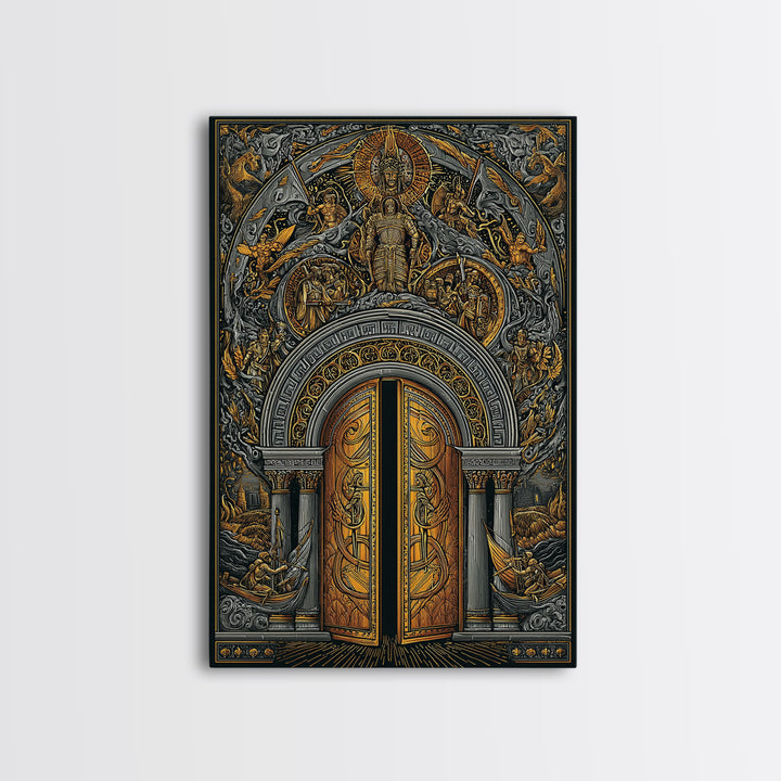 Byzantine Portal of Angels and Kings – Canvas Gold Art, Medieval Religious Canvas Art in Real Wood Frame, Sacred History Wall Art