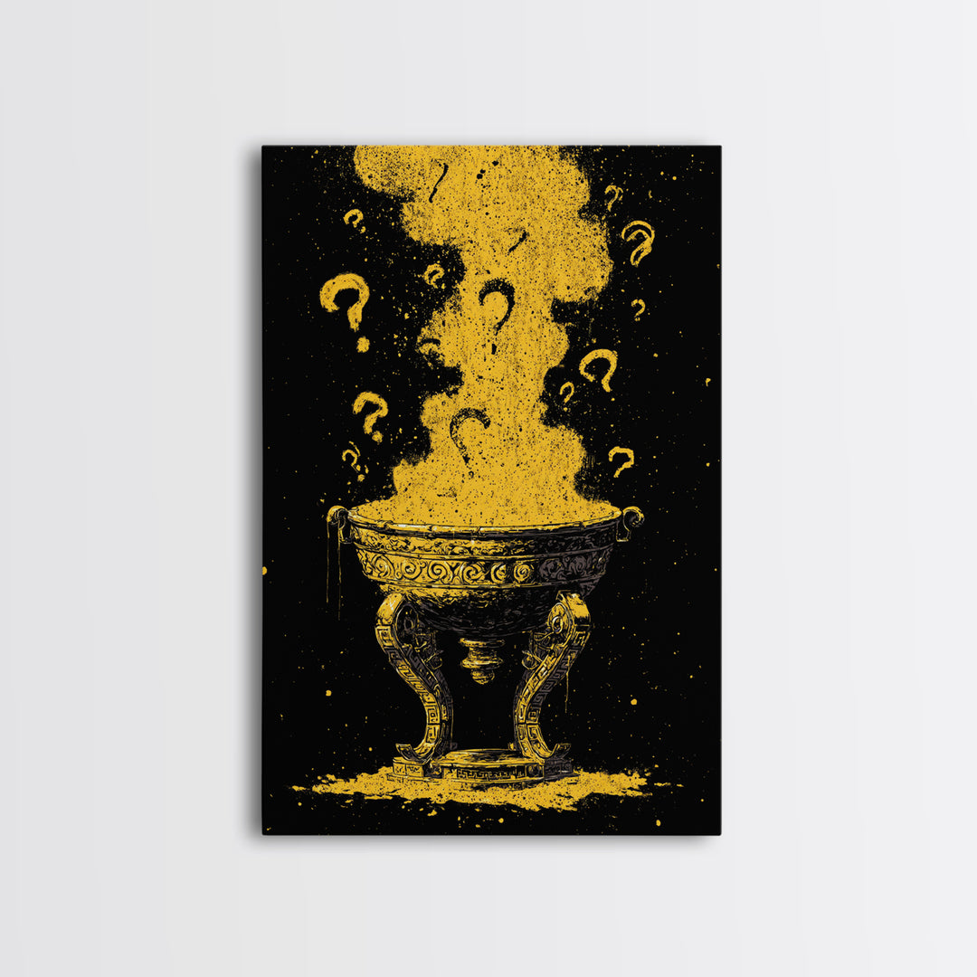 Golden Oracle Bowl with Rising Smoke – Canvas Gold Art, Mystical Ritual Canvas Art Framed in Real Wood, Ancient Prophecy Decor