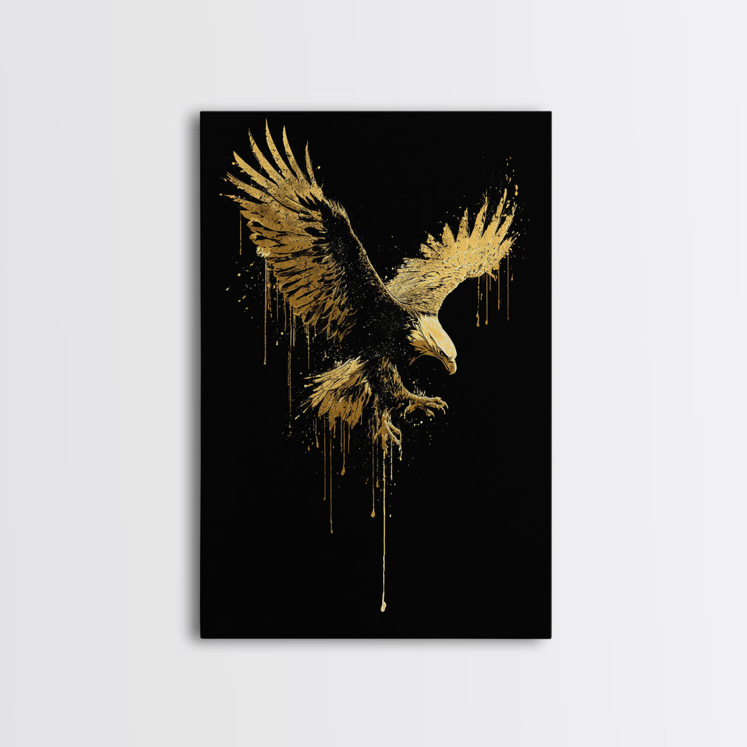 Flying Gold Splatter Eagle in Mid-Descent – Canvas Gold Art, Real Wood Framed Canvas Art, Dynamic Bird of Prey Wall Statement