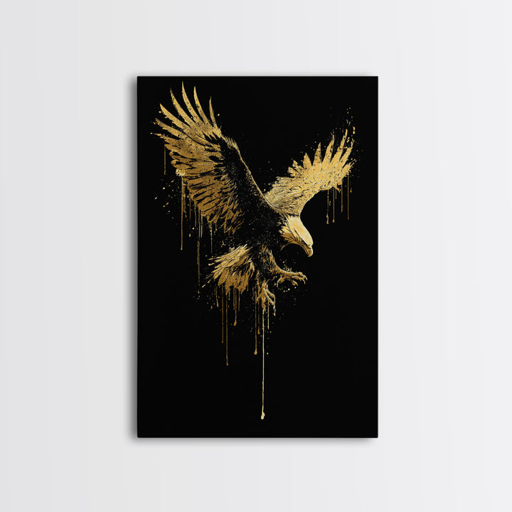 Flying Gold Splatter Eagle in Mid-Descent – Canvas Gold Art, Real Wood Framed Canvas Art, Dynamic Bird of Prey Wall Statement
