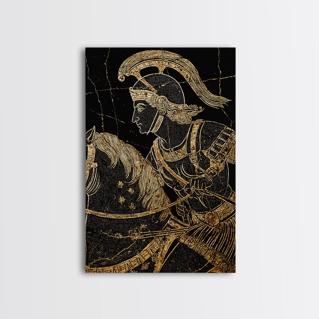 Ancient Greek Vase-Inspired Horseback Warrior – Canvas Gold Art, Classic Antiquity Linework Canvas Art, Mythic Wall Decor