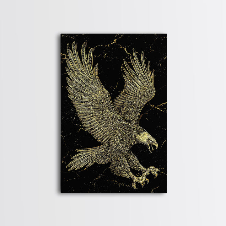 Detailed Golden Eagle with Spread Wings – Canvas Gold Art, Precision Linework Canvas Art in Real Wood Frame, Regal Animal Decor
